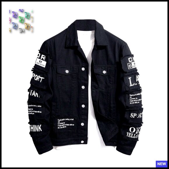 Denim Jacket Letter Graphic Button Down Flap Pocket Long Sleeve Streetwear - Picture 1 of 6